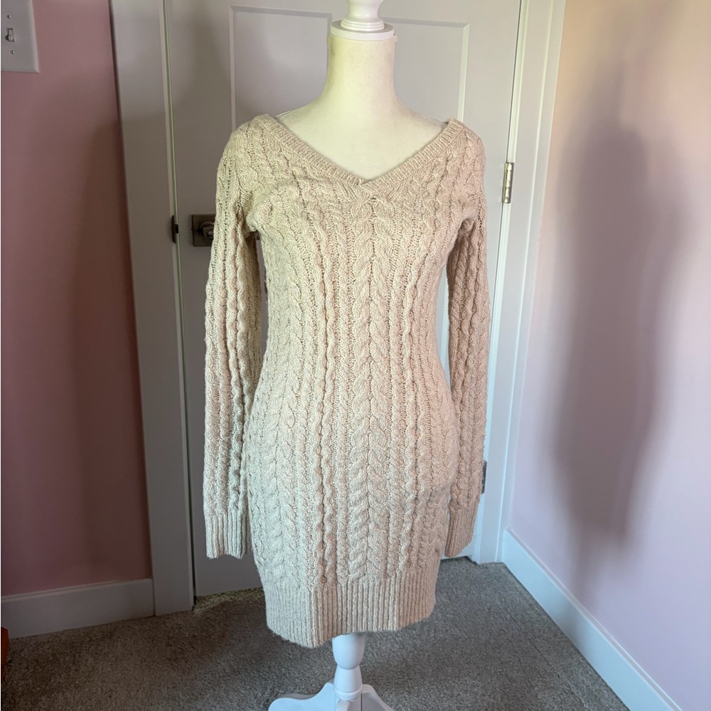 American Eagle V-Neck Cable Knit Sweater Dress - Cream